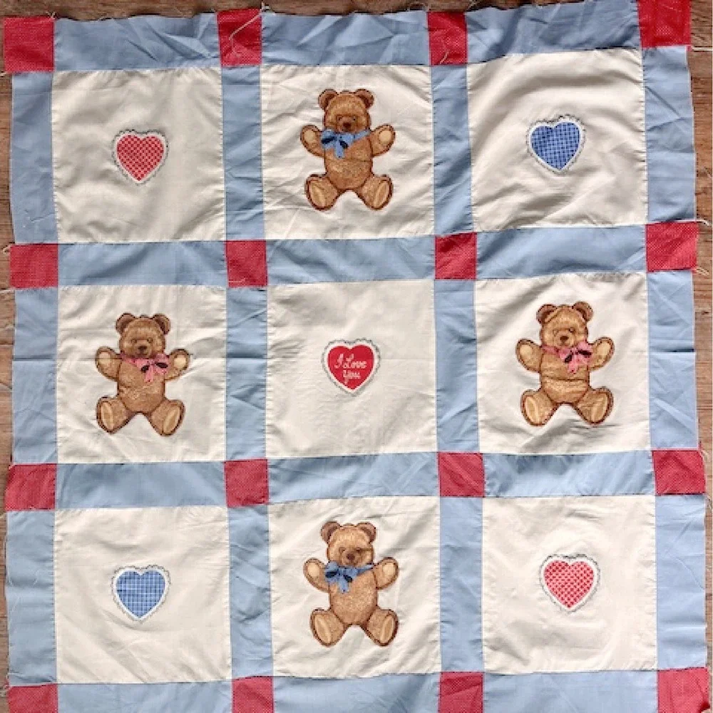 Teddy Bear and‎ Heart Quilt top blue and red